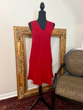 Ann Taylor Red Sleeveless V-Neck Midi Dress with Flared Hem